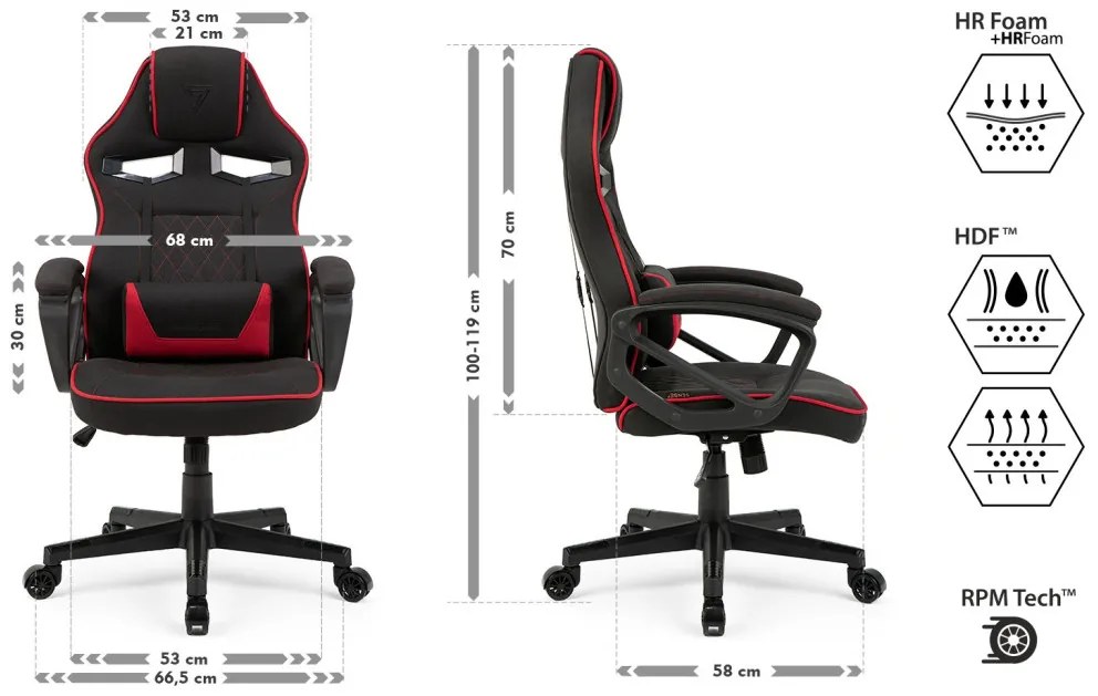 Gamer szék SENSE7 Knight, fekete és piros