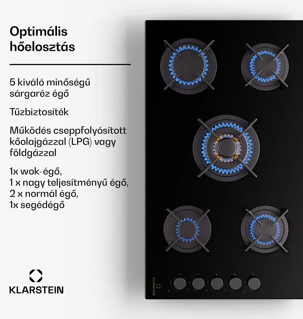 Klarstein Goldflame 5, gáz főzőlap, önálló, 5 égő, oldalsó vezérlés, gáz/propán, üvegkerámia, fekete