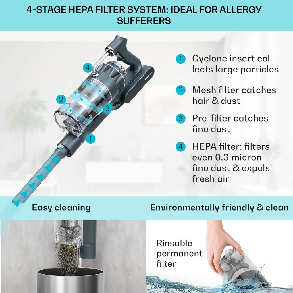 Klarstein LARMA, porszívó, vezeték nélküli, zsák nélküli, maximális üzemidő 45 perc, LED