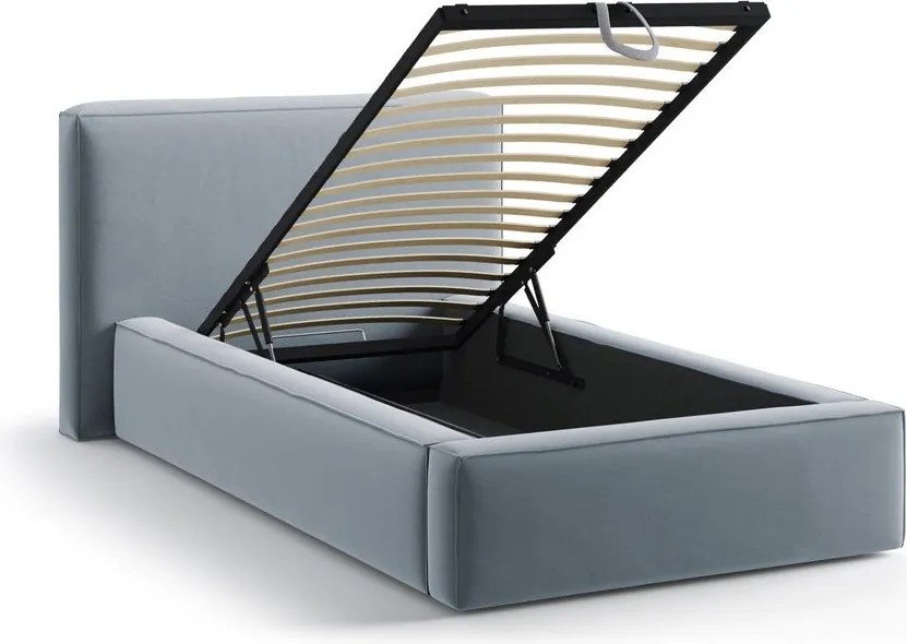 Világoskék kárpitozott ágyneműtartós egyszemélyes ágy ágyráccsal 90x200 cm Jodie – Micadoni