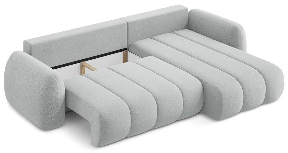 Világosszürke buklé kinyitható-tárolóhelyes sarokkanapé (jobb oldali-heverő résszel) Pele – Makamii
