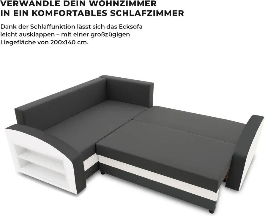 Grande sarokkanapé polcokkal , polc a bal karfaban, baloldali, szövet anyag, bonell töltet, szürke - fehér