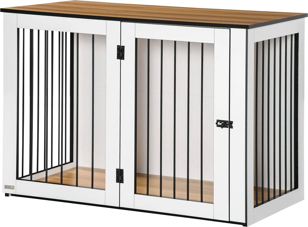 PawHut Modern Acél Kutya Ketrec Bútor Ablakos Ajtókkal Nagy Kutyák Számára, Maximum 30 kg-ig, 106 x 60 x 76 cm, Tölgy+Fehér | Aosom