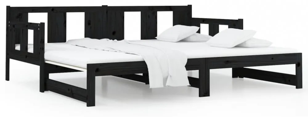 fekete tömör fenyőfa kihúzható kanapéágy 2 x (80 x 200) cm