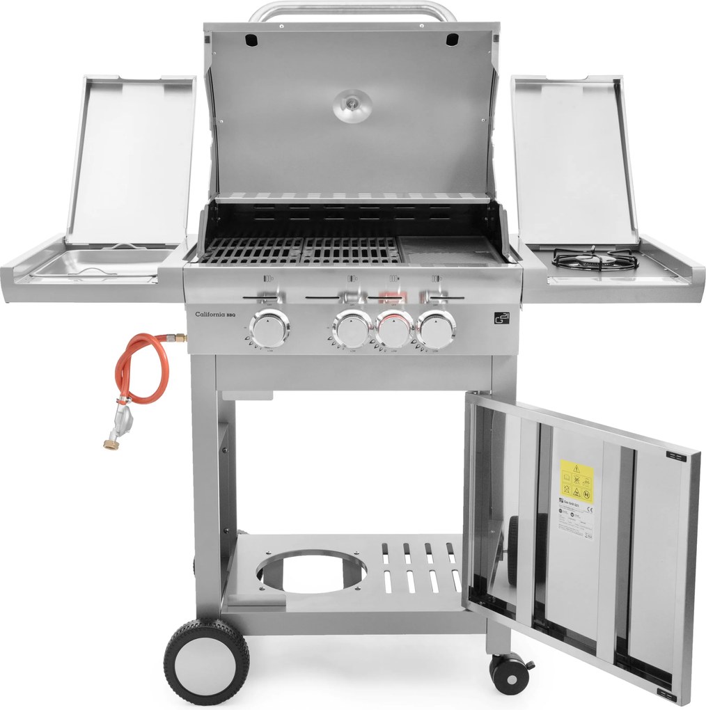 CALIFORNIA BBQ gázgrill, 4 égővel, nyomáscsökkentő szeleppel, ezüst Penta CZ