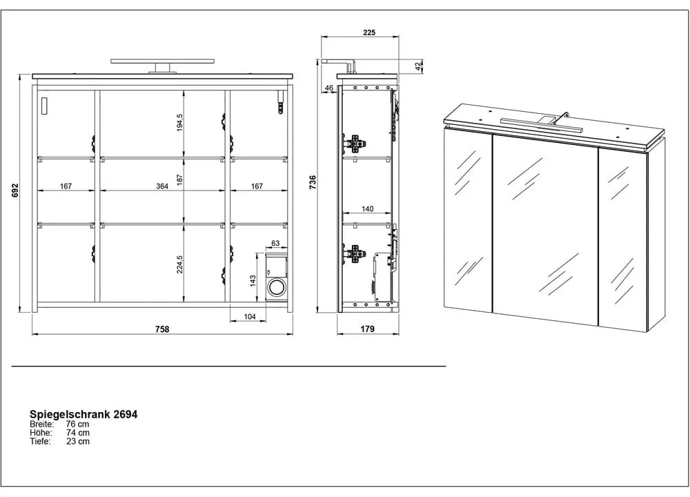 Antracitszürke tükrös fürdőszoba szekrény világítással 76x74 cm Modesto – Germania