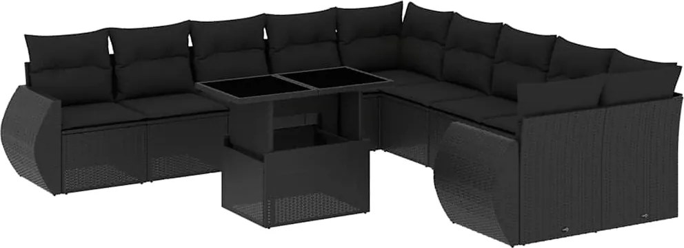 vidaXL 11 részes fekete polyrattan kerti ülőgarnitúra párnákkal
