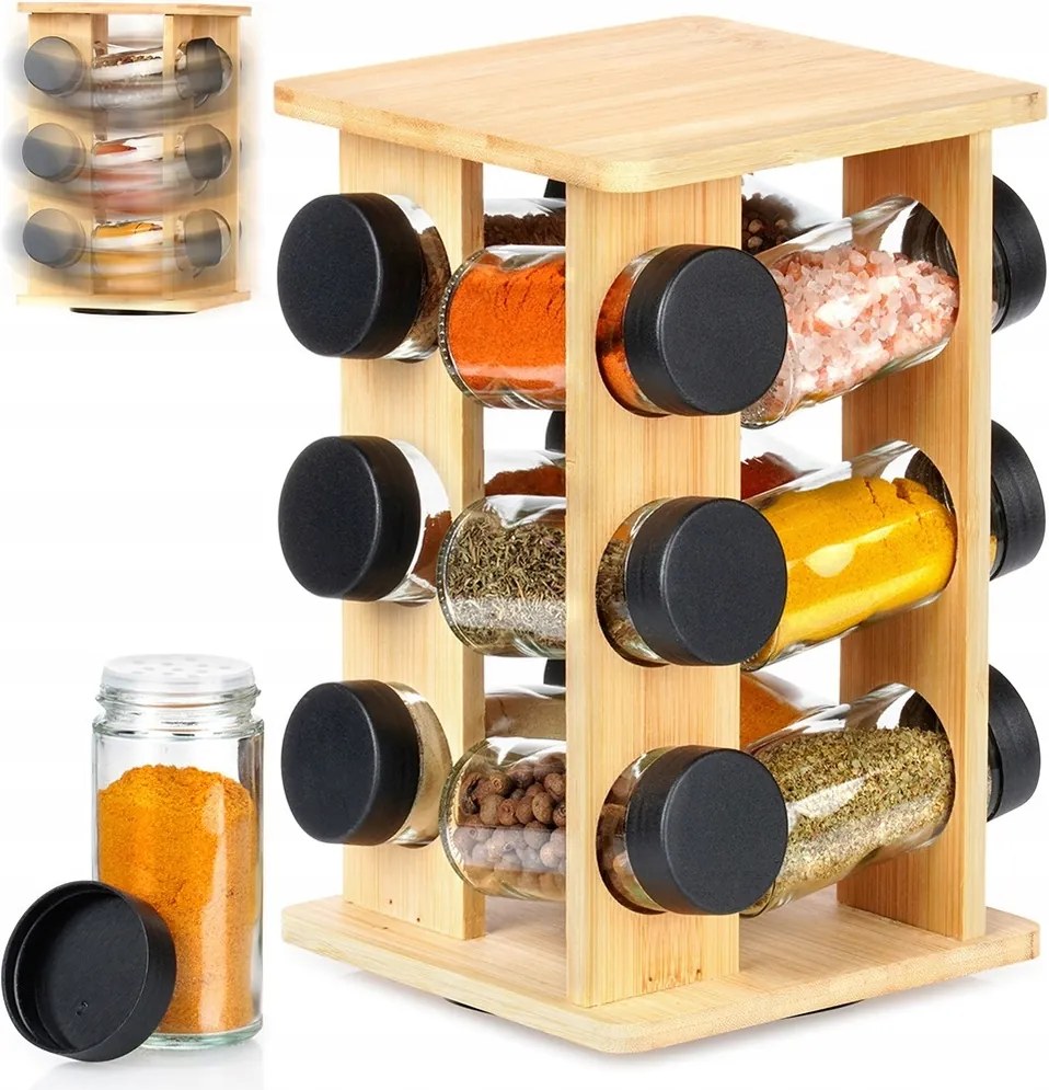 Fűszertartó Állvány Forgatható Fa Fűszertartó Tégely 13 Db-os