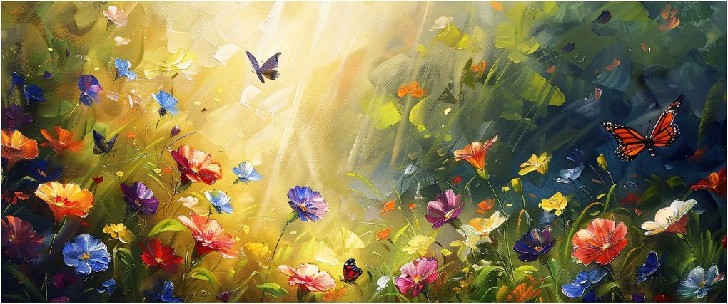 Kép - Tavaszi virágos rét, festmény (120x50 cm)