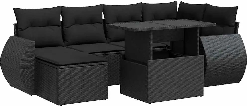 vidaXL 7 részes fekete polyrattan kerti ülőgarnitúra párnával