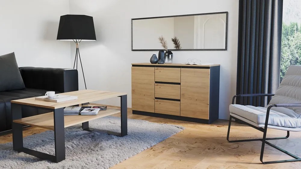 Riano MIX 2D3S/BA komód, 120x75x40 cm, antracit-tölgy (tölgy komódtetővel)