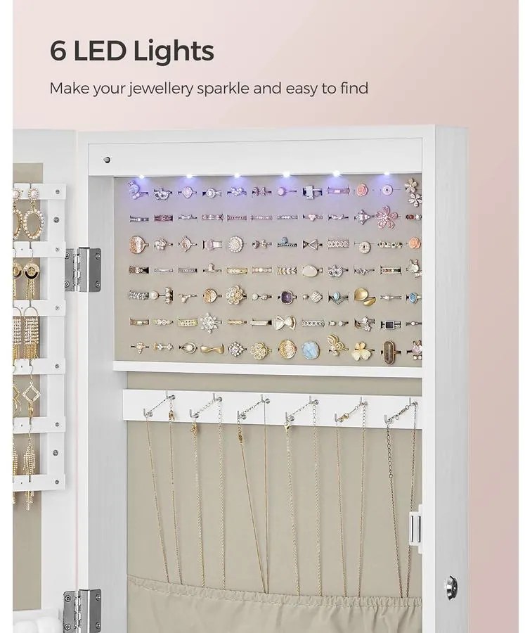 Ékszerszekrény falra szerelhető, zárható tároló tükörrel és több rekesszel – fehér/bézs