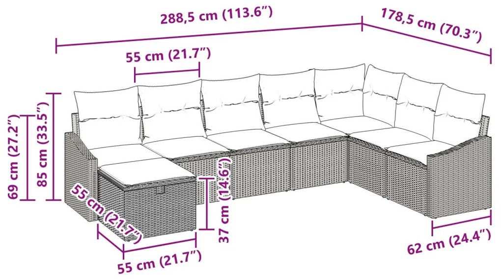 8 részes kerti kanapé szett párnákkal szürke poli rattanban