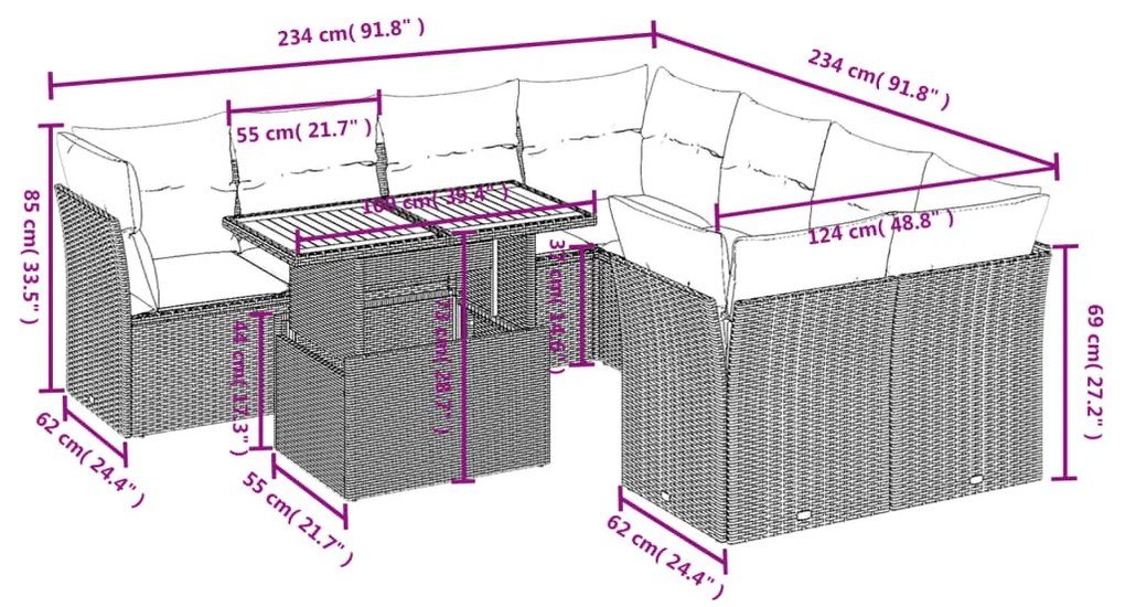 9-részes bézs polyrattan kerti ülőgarnitúra párnákkal