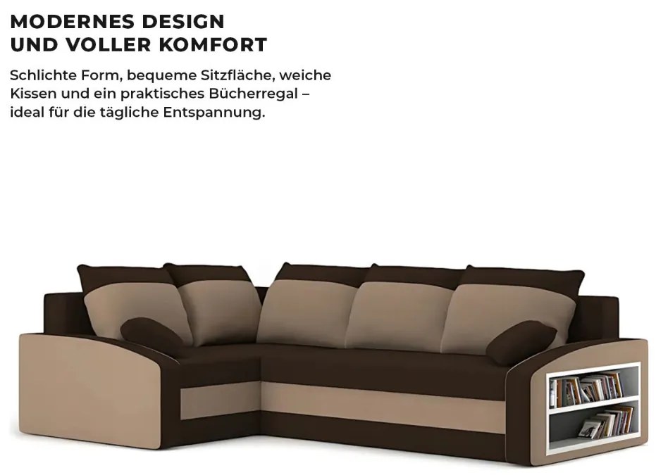 Grande sarokkanapé polcokkal , polc a jobb karfaban, baloldali, szövet anyag, hab töltet, barna