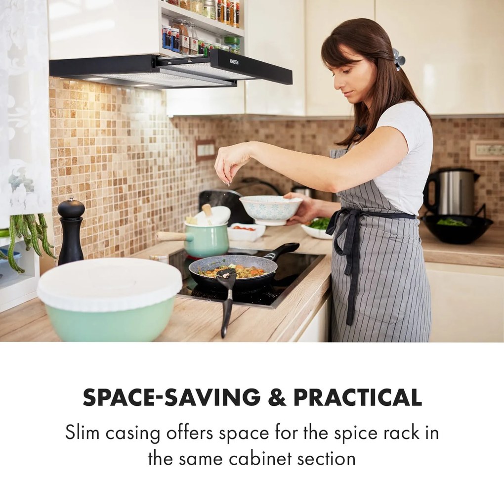 Klarstein Mariana 60, kihúzható páraelszívó, 60 cm, 500 m³/ó, elszívás, LED, fekete