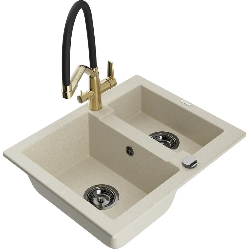 Mexen Carlos gránit mosogató 1,5 rekeszes konyhai csapteleppel Duo, bézs - 6518-69-671701-57-B