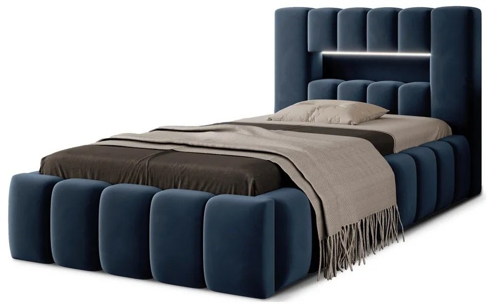 Sötétkék kárpitozott ágyneműtartós egyszemélyes ágy ágyráccsal 90x200 cm Lamica – ELTAP