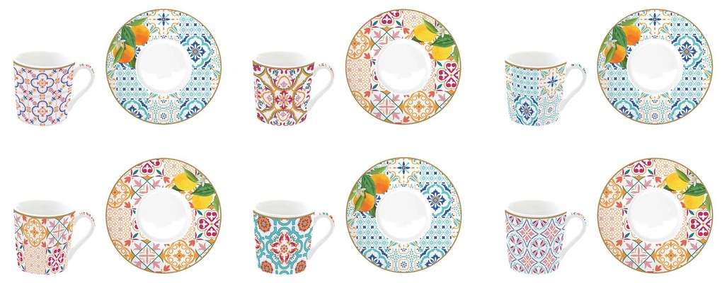 Porcelán 6 személyes mediterrán eszpresszó kávés csésze szett Siracusa