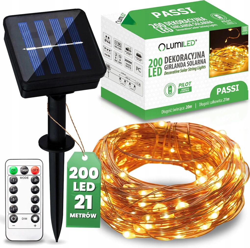 Napelemes Kerti Füzér Drót Fénylánc 200xLED 20m Távirányító