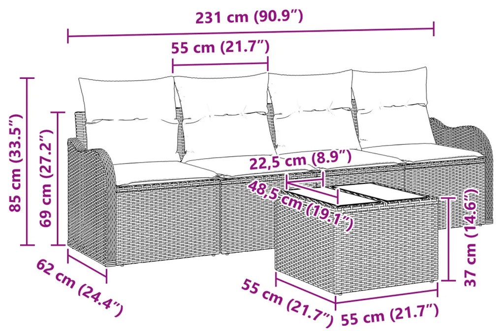 5 Darabos Kert Szófa Készlet Párnákkal Szürke Poli Rattan, 2-Személyes Kert Szófa Párnákkal Szürke Poli Rattan