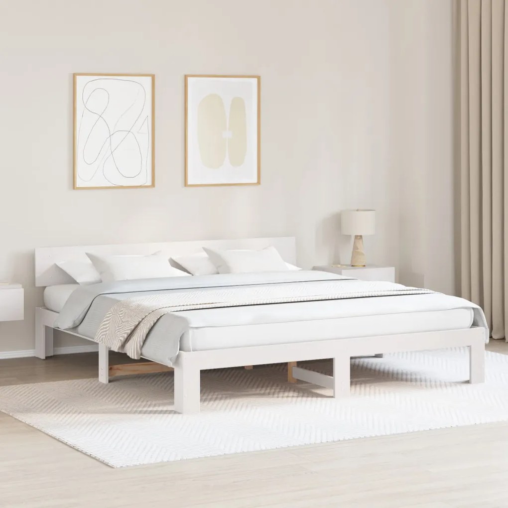 Fehér ágykeret fejtámlával 200x200 cm Tömör fenyőfa