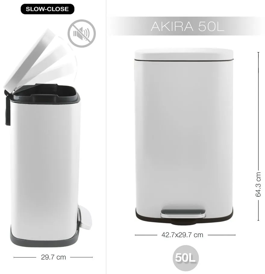 Matt fehér acél pedálos szemetes 50 l Akira – Spirella