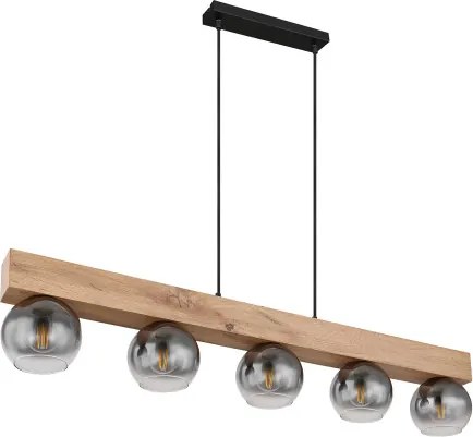 Globo 15656-5H Függeszték fém fekete matt, MDF fa hatású sötét, üveg füstszínű, átlátszó, kábeltextil fekete, állítható magasságú (függőlámpa), HxSzxM.: 1150x150x1200mm, nem tartozék: 5x E27 40W 230V