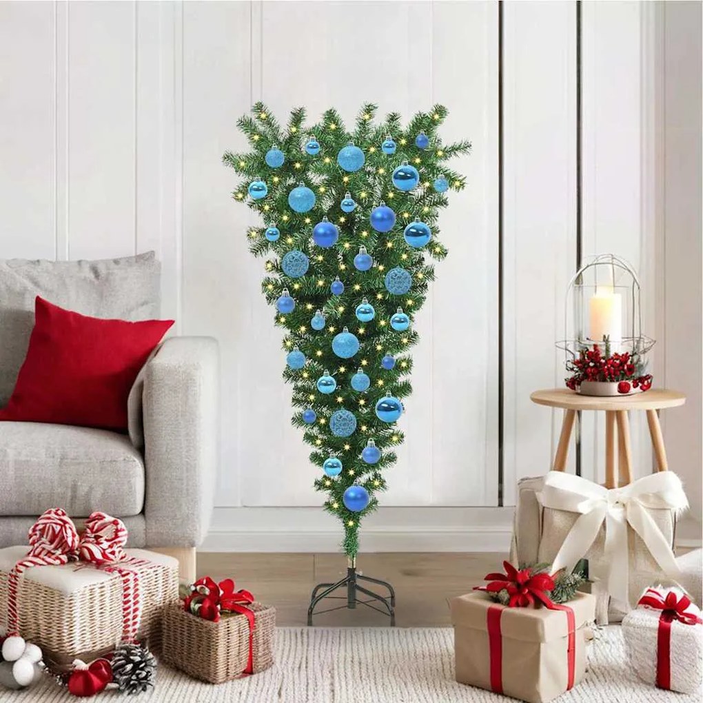 Felfordított Műfenyő Elővilágítással és Gömbökkel Zöld 120 cm