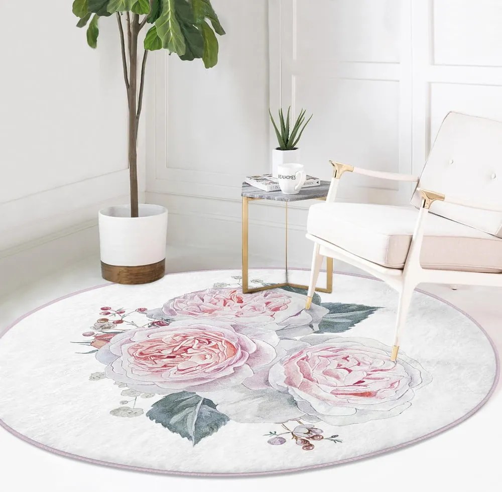 Fehér-rózsaszín mosható-robotporszívóval tisztítható kerek szőnyeg ø 120 cm Comfort – Mila Home