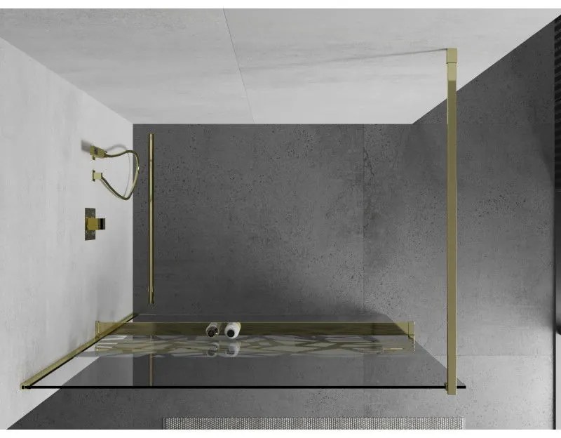 Mexen Kioto +, zuhany paraván polccal és törölközőtartóval 130 x 200 cm, 8mm átlátszó üvegmintás fehér, arany profil, 800-130-121-50-85