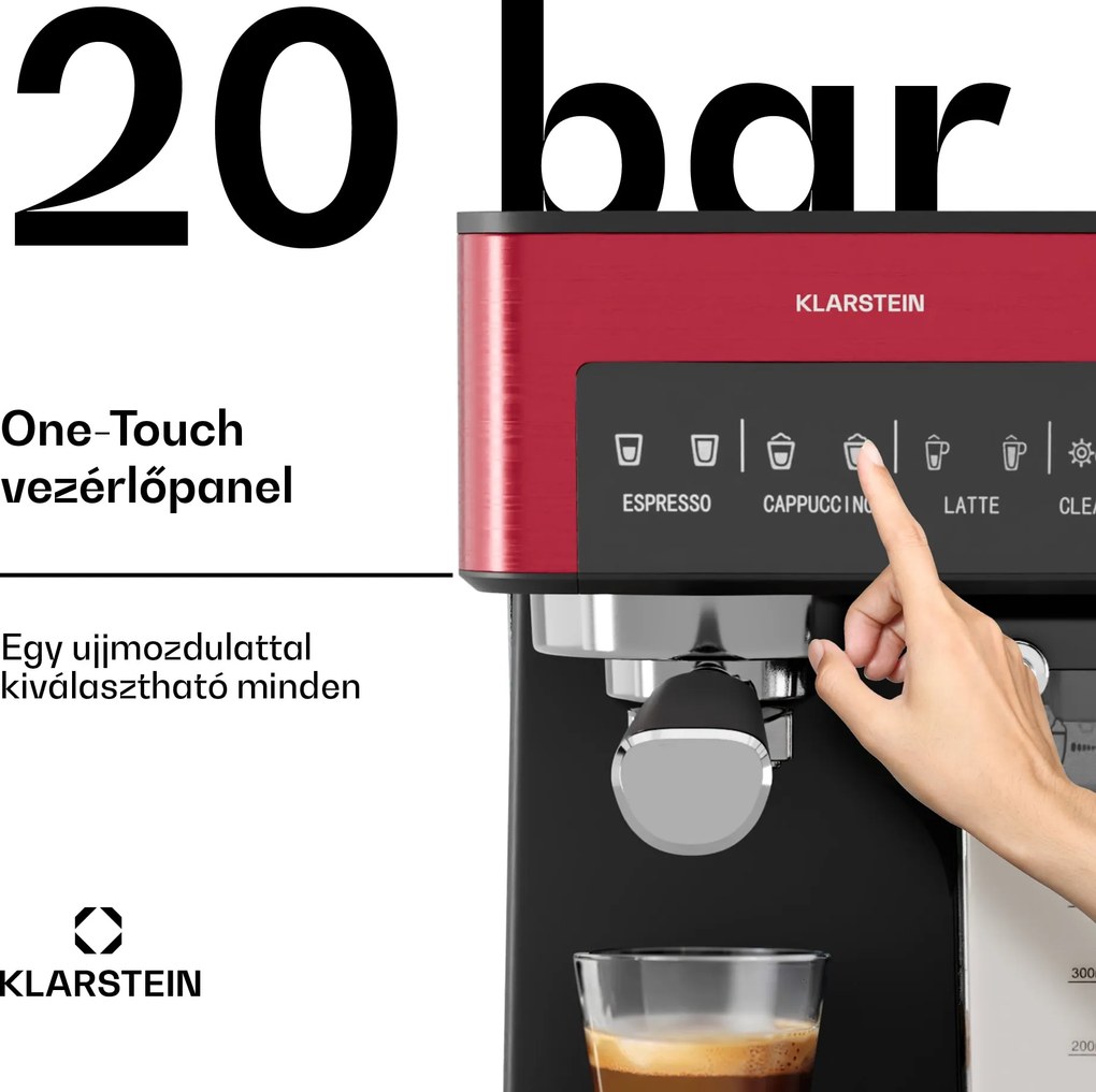 Klarstein 1,8 literes kávéfőző tejhabosítóval, 20 baros karos kávéfőző, kis kávéfőző őrölt kávéra 1350 W teljesítménnyel, barista kávéfőző jeges cappuccino latte espresso kávéhoz