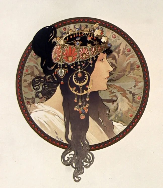 Reprodukció Byzantine head of a brunette; Tete byzantine d'une brunette, Alfons Mucha