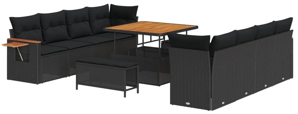11 részes kerti kanapé szett párnákkal, fekete poli rattan, akácia, 3 részes kerti étkezőszett párnákkal, fekete poli rattan, akácia