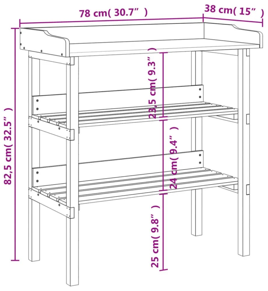 barna tömör fenyőfa növénytartó asztal polcokkal 78x38x82,5 cm