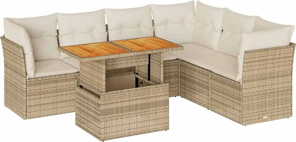 vidaXL 7 részes bézs polyrattan kerti ülőgarnitúra párnákkal
