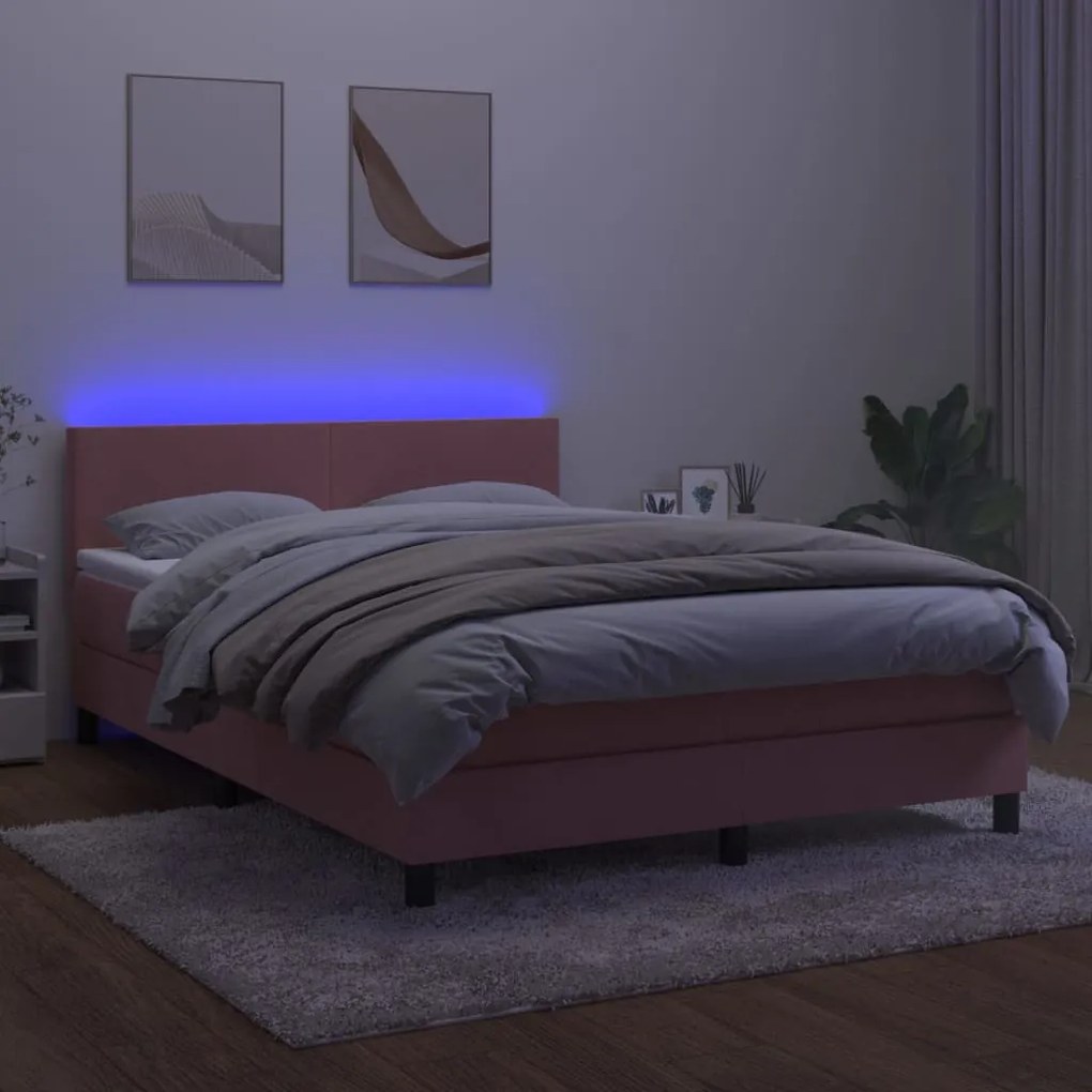 rózsaszín bársony rugós és LED-es ágy matraccal 140x190 cm