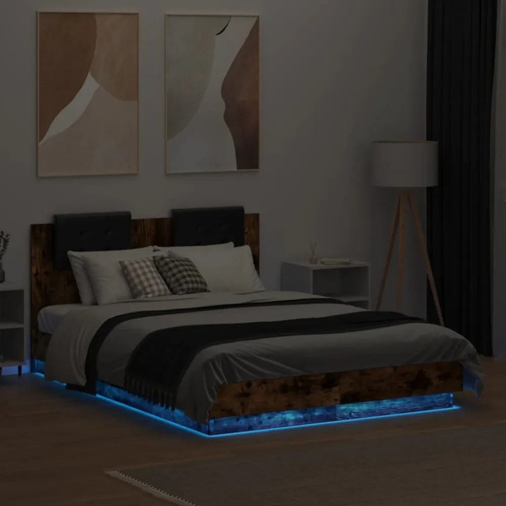 füstös tölgy színű ágykeret fejtámlával és LED-ekkel 120x190 cm