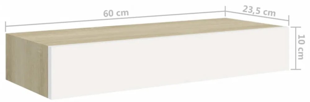2 db tölgyszínű és fehér MDF fiókos fali polc 60 x 23,5 x 10 cm