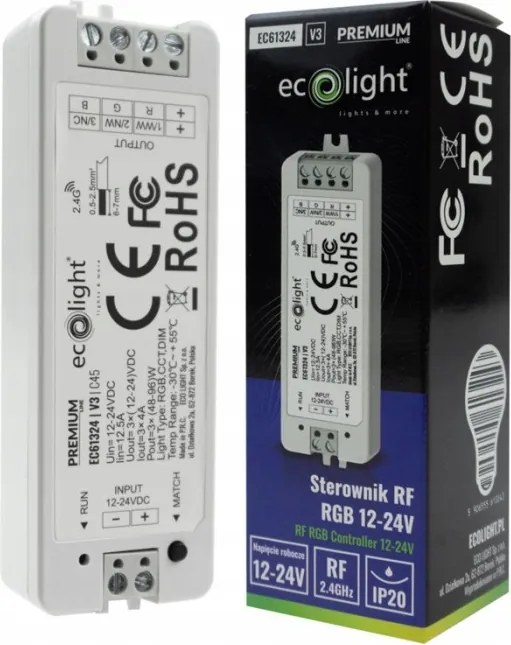 Rgb Led szalag vezérlő 12A 12-24V 3 csatornás 1 zónás rádió IP20