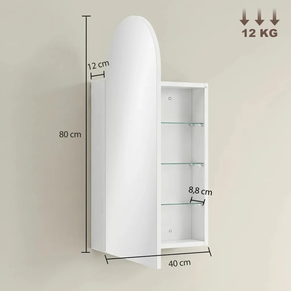 HOMCOM Fürdőszobai tükör, ívelt tükörrel, állítható üvegpolcokkal, 40 x 12 x 80 cm, fehér