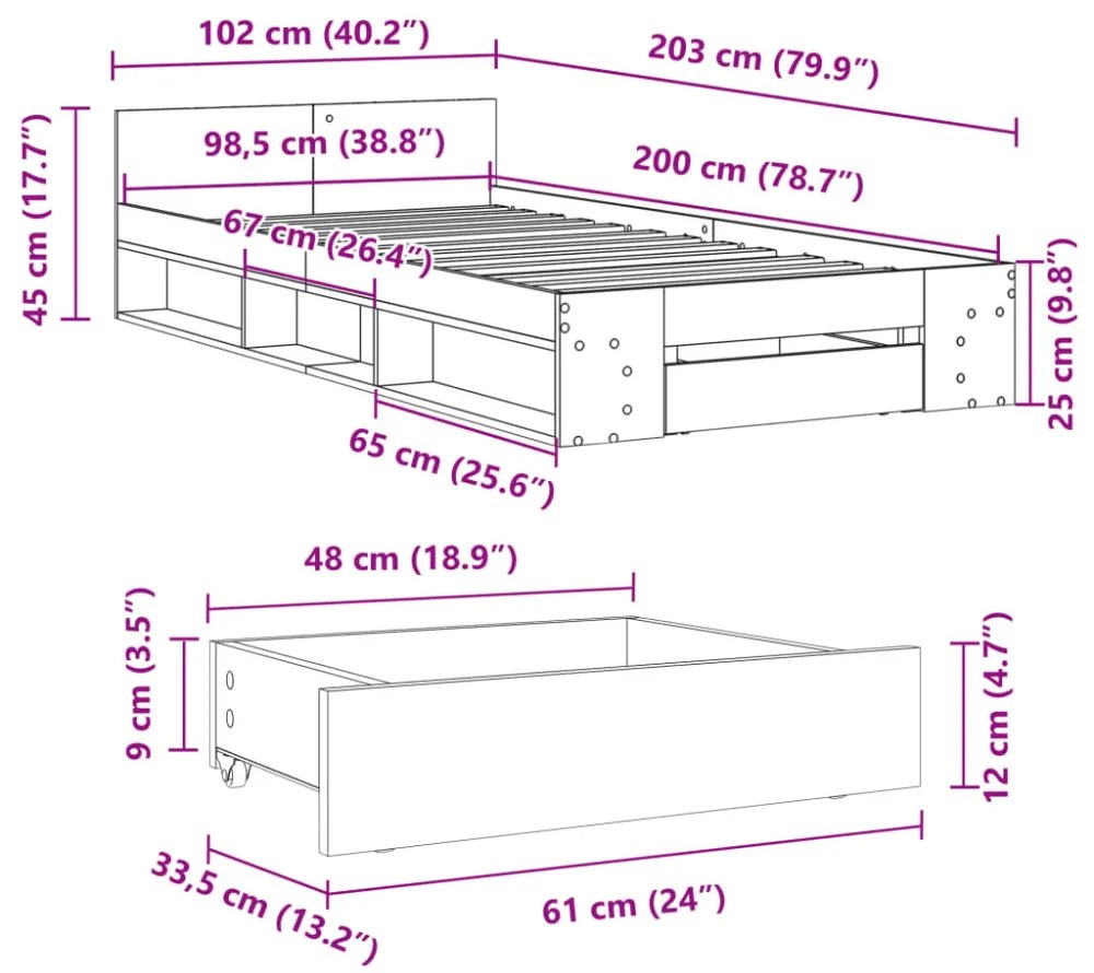 füstös tölgy színű szerelt fa ágykeret fiókkal 100 x 200 cm