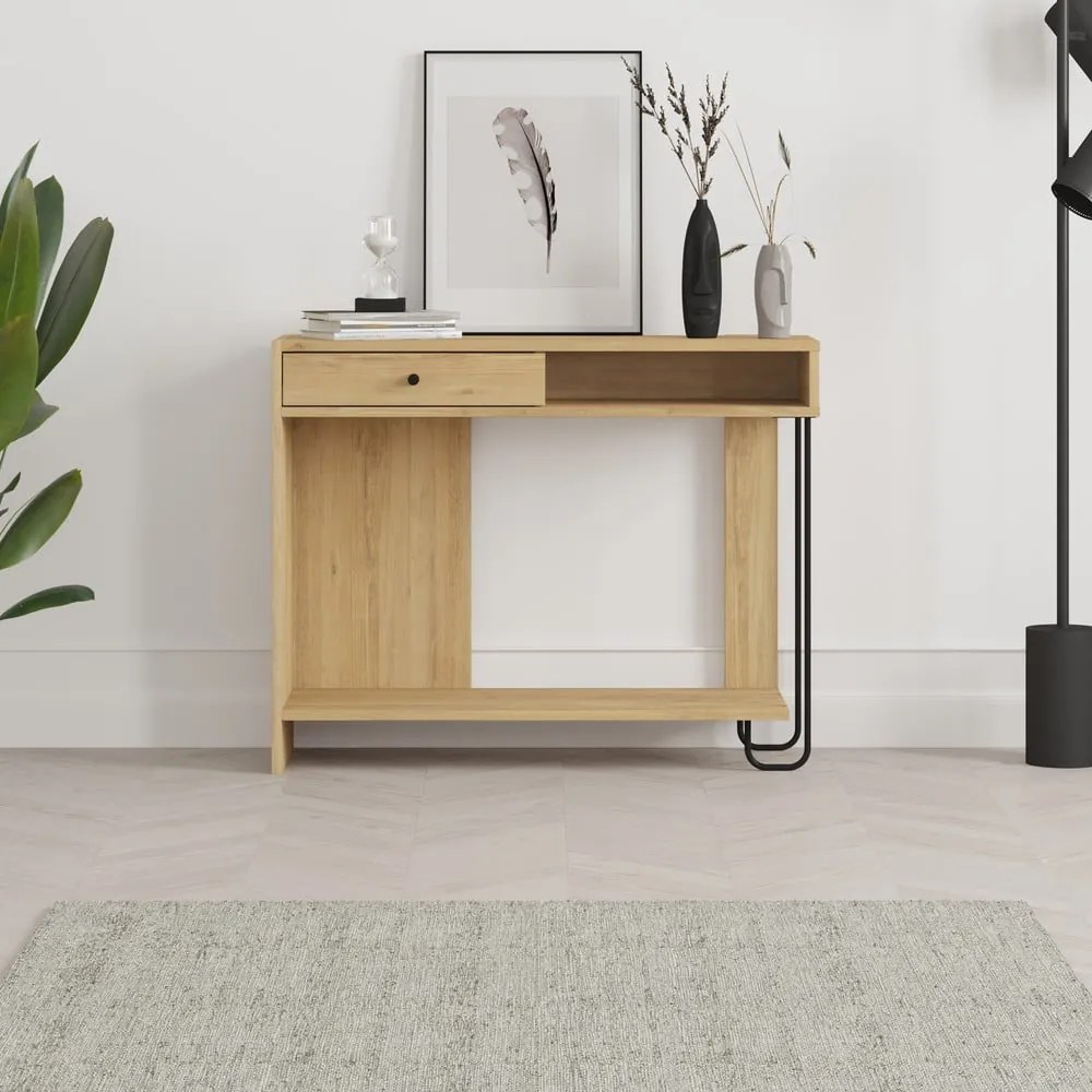 Natúr színű konzolasztal tölgyfa dekoros asztallappal 35x100 cm Saturne – Marckeric