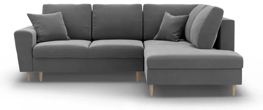 Világosszürke bársony kinyitható tárolóhelyes sarokkanapé (jobb oldali-L alakú) Kyoto – Cosmopolitan Design