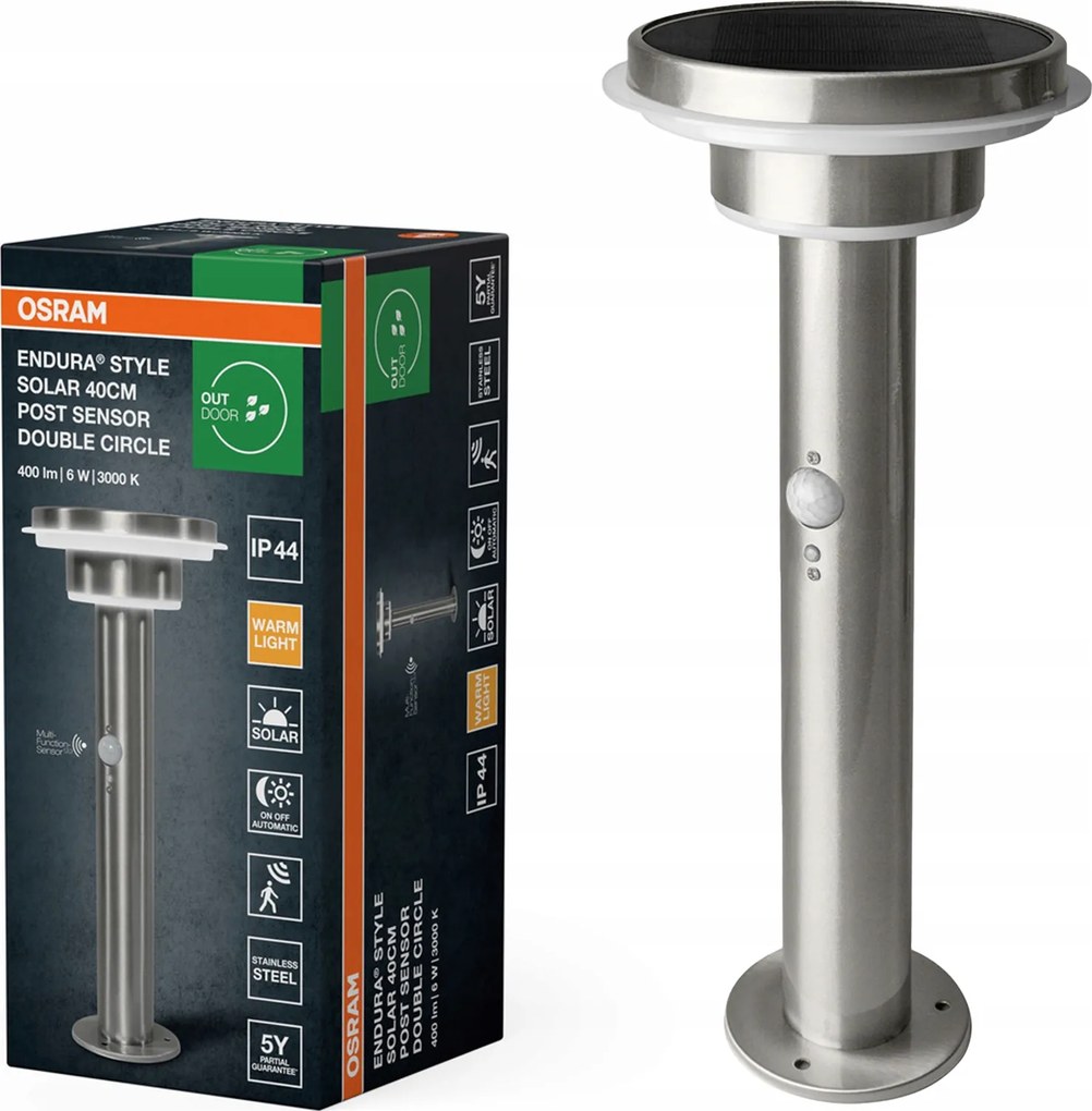 Napelemes kerti lámpa Led oszlop Alkonyat mozgásérzékelő 3000K IP44 Endura