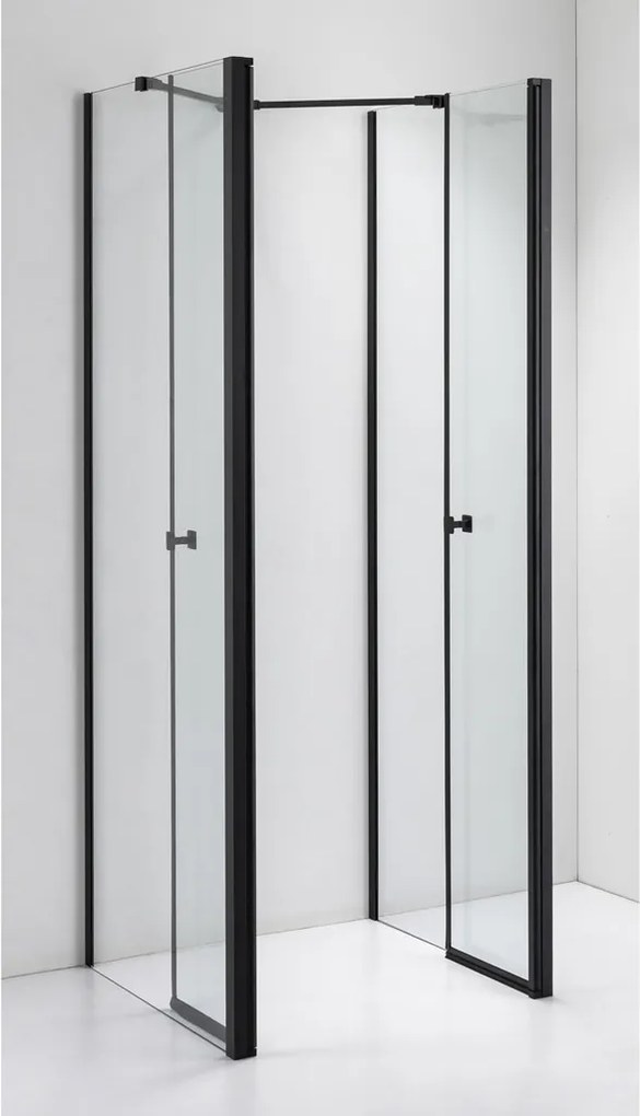 Stuxi Roma Black 80x80 falsíkra szerelhető 3 oldalú kétszárnyú nyílóajtós zuhanykabin 6 mm vízlepergető biztonsági üveggel, matt fekete elemekkel, 195 cm magas