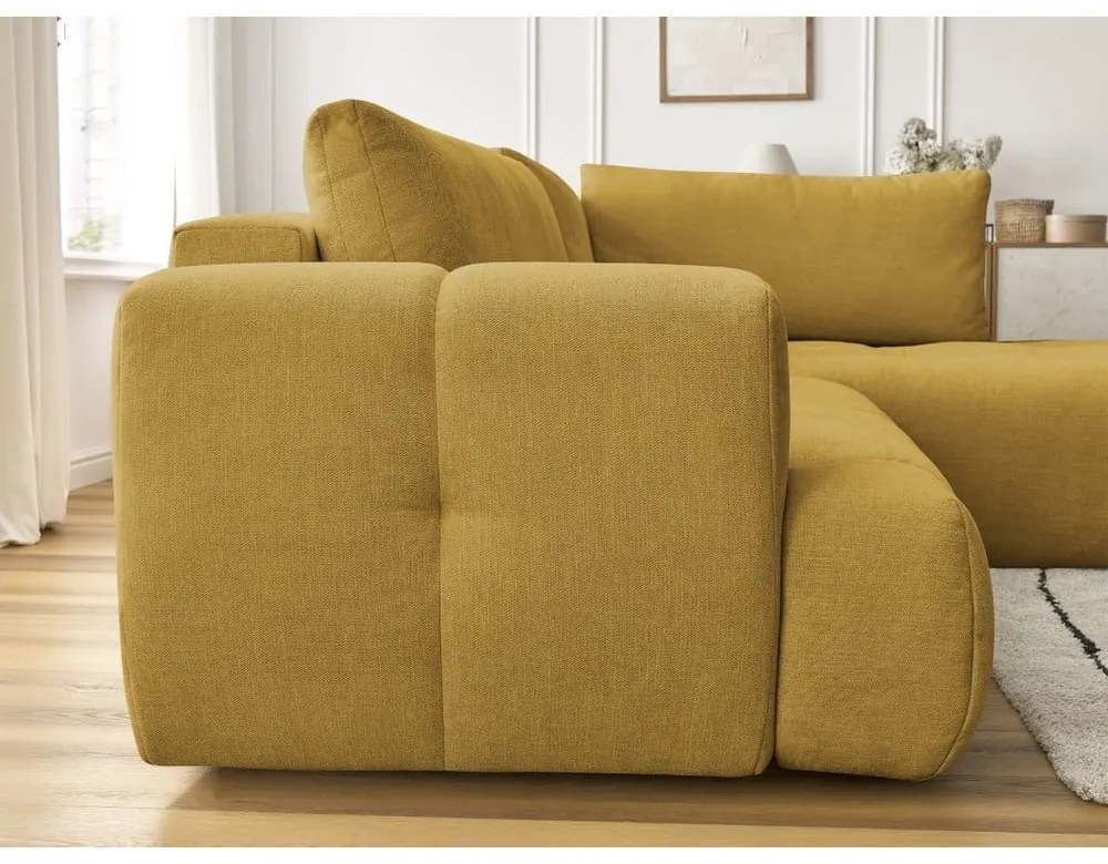 Mustársárga kinyitható-tárolóhelyes sarokkanapé (jobb oldali-L alakú) Fuji – Bobochic Paris