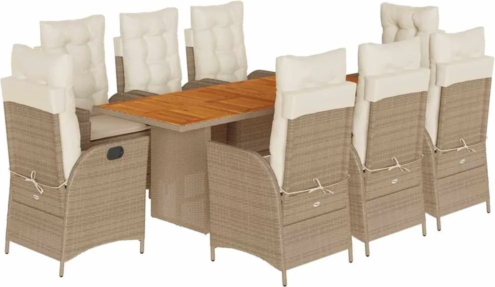 vidaXL 9 részes bézs polyrattan kerti étkezőgarnitúra párnákkal