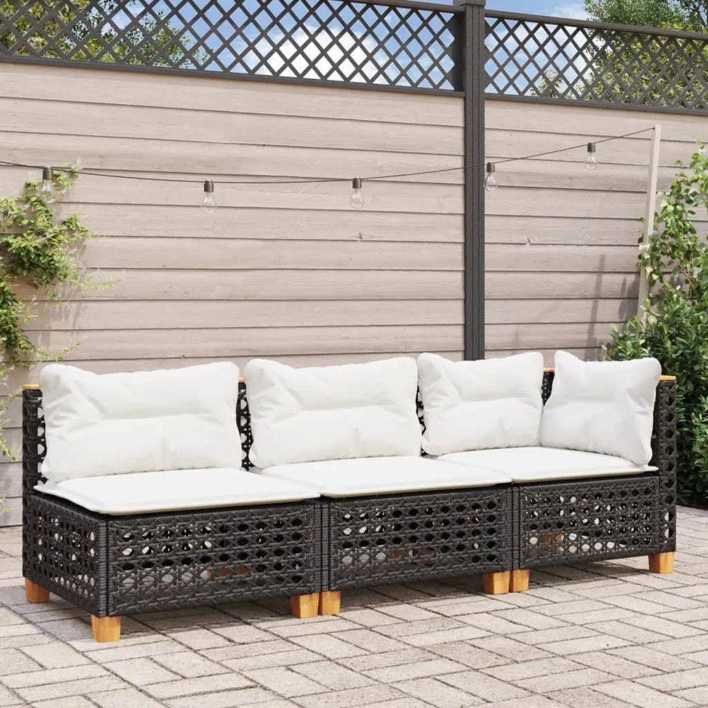Fekete 3 személyes polyrattan kerti kanapé párnákkal