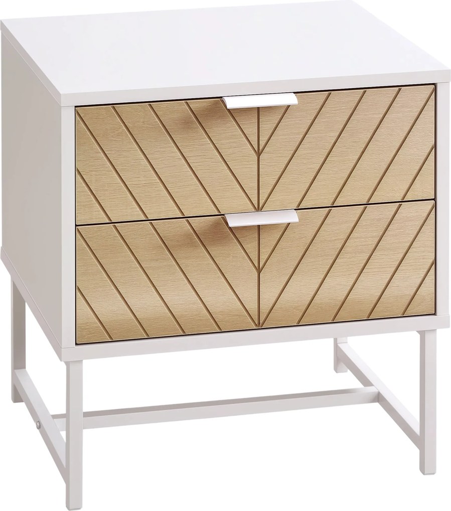 HOMCOM Éjjeli Szekrény 2 Fiókkal és Acél Lábbal, Modern Stílusú Oldalsó Asztal, Nappaliba és Hálószobába, 45x39x48 cm, Fehér és Tölgy | Aosom